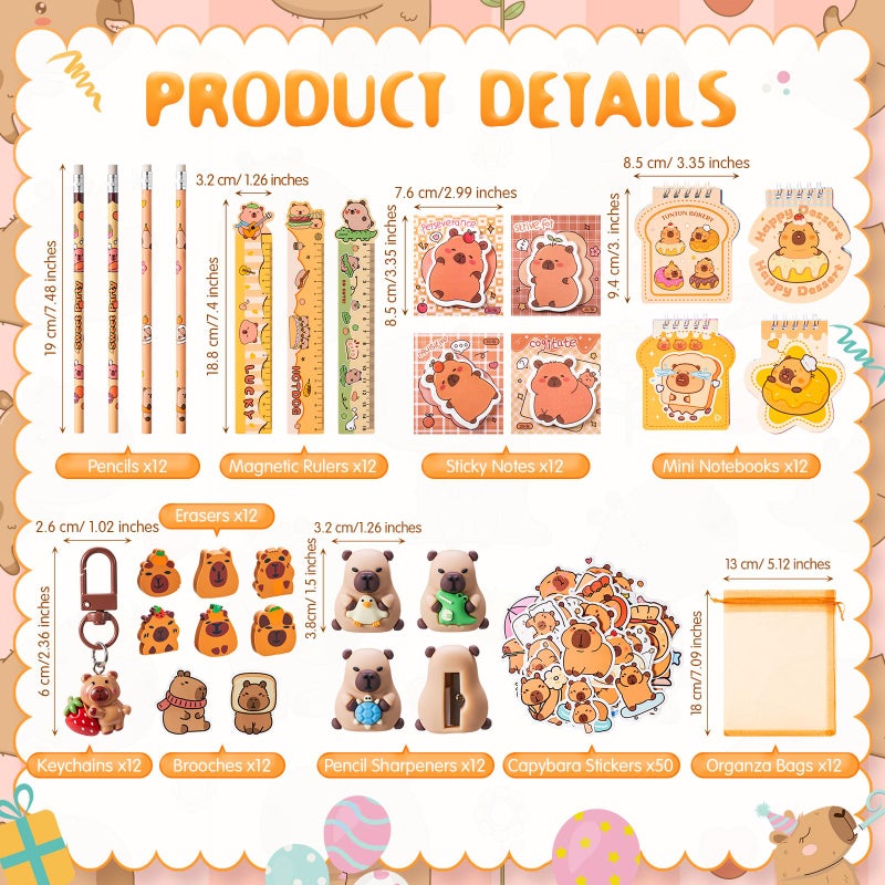 Nosiny 158 Pcs Capybara Party Favors Animal Birthday Stationery Set, Capybara Pencil Ruler Eraser Pencil Sharpener Keychain Notebook Sticky Note Brooch Stickers for Goody Bags Xmas Stocking Stuffer - Image 2