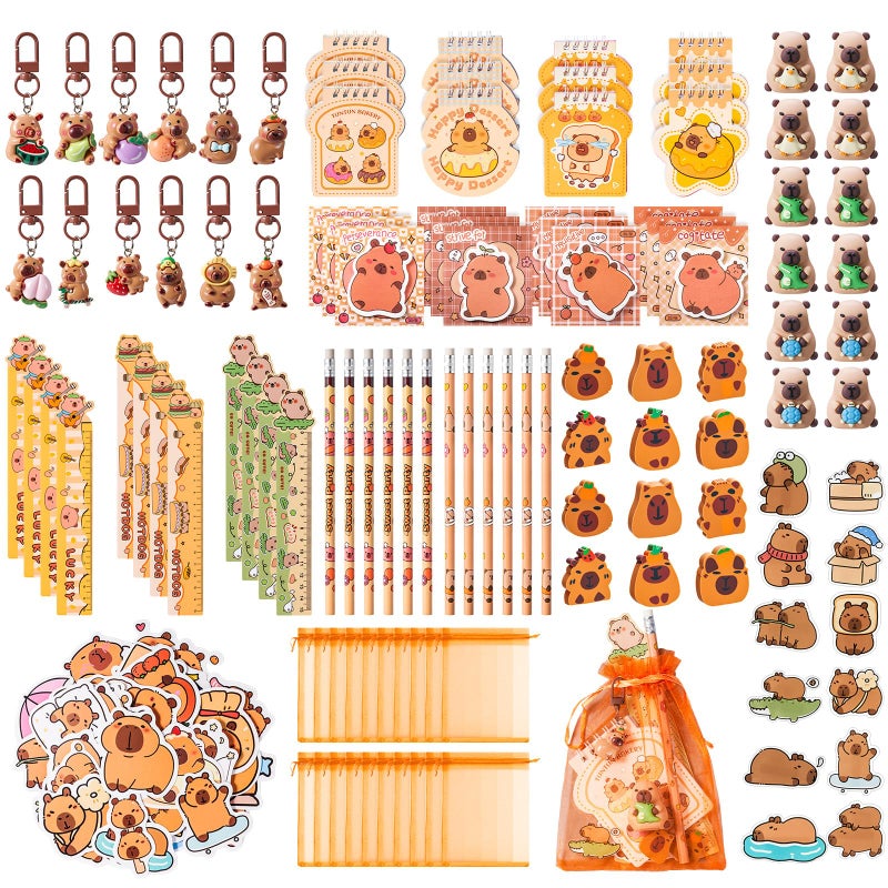 Nosiny 158 Pcs Capybara Party Favors Animal Birthday Stationery Set, Capybara Pencil Ruler Eraser Pencil Sharpener Keychain Notebook Sticky Note Brooch Stickers for Goody Bags Xmas Stocking Stuffer - Image 1