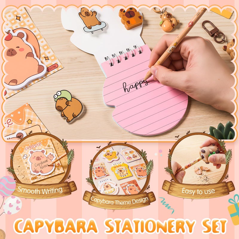Nosiny 158 Pcs Capybara Party Favors Animal Birthday Stationery Set, Capybara Pencil Ruler Eraser Pencil Sharpener Keychain Notebook Sticky Note Brooch Stickers for Goody Bags Xmas Stocking Stuffer - Image 5