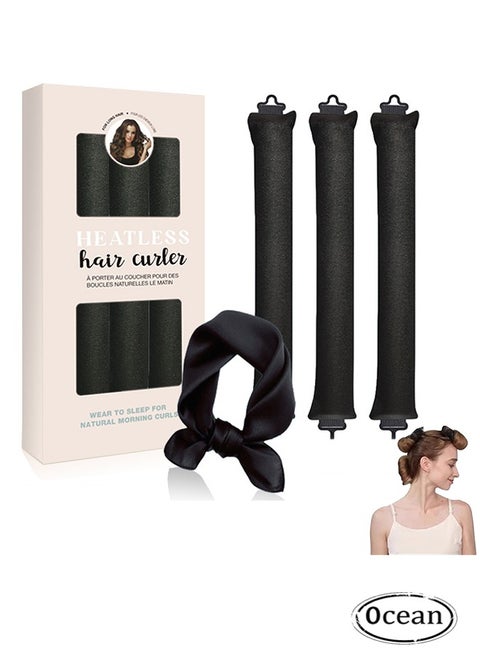 Heatless Hair Curler Set, Overnight Rods for No Heat Curls, Velvet Satin Flexi Rods Sleep in Curlers Blowout, Hair Styling Accessories with Silk Scarf, Jumbo Flexi Rods for Hair, Black