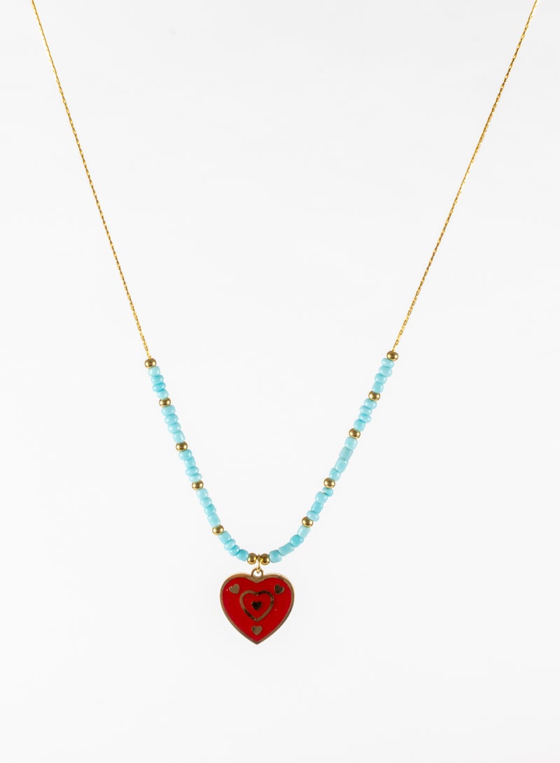The Black Pearl Accessories Stainless Steel Necklace Gold With Turquise Beads and Red Heart Pendant - Image 2