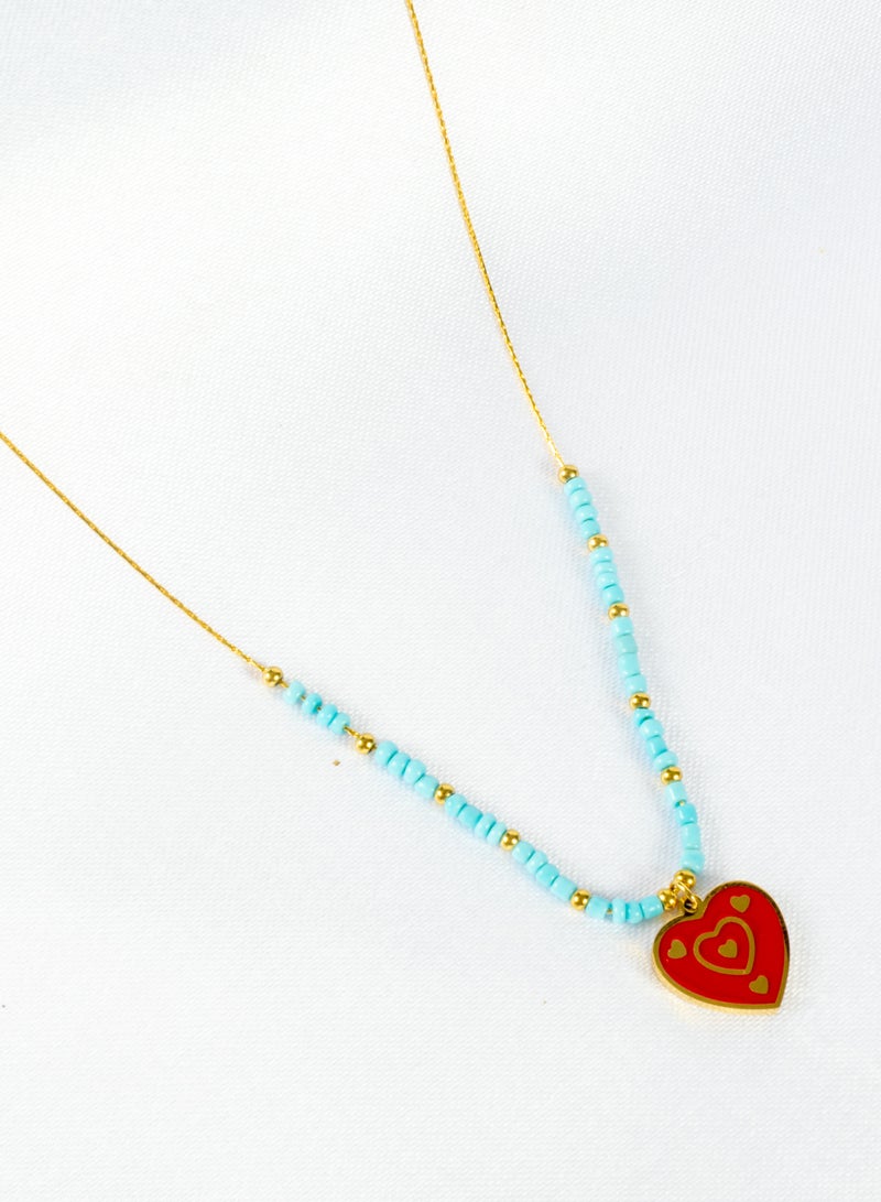 The Black Pearl Accessories Stainless Steel Necklace Gold With Turquise Beads and Red Heart Pendant - Image 3