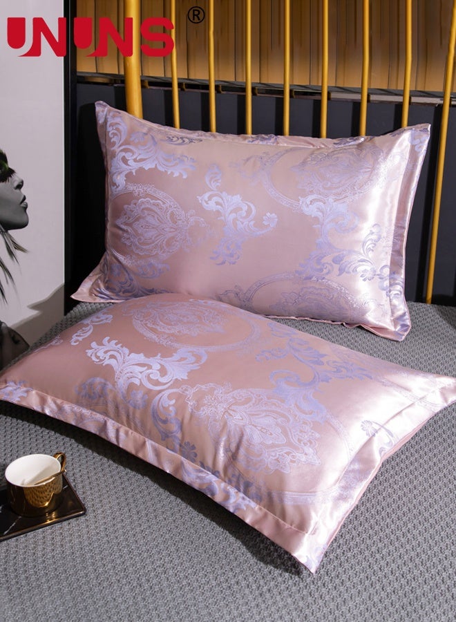 UNUNS أغطية وسائد ساتان، أغطية وسائد ساتان للشعر والبشرة، 2 قطعة أغطية وسائد كبيرة بطبعة زهور، أغطية وسائد ساتان ناعمة بطبعة زهور مع إغلاق ظرفي، زهور وردية، 48x74 سم - Image 1