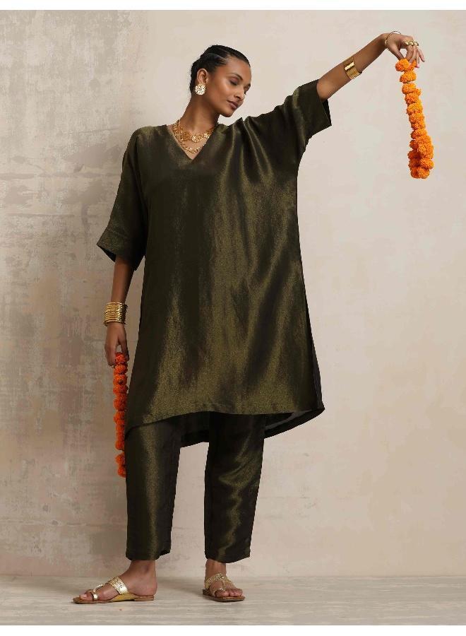 trueBrowns Olive Green Tissue Kurta Co-ord Set - Image 1