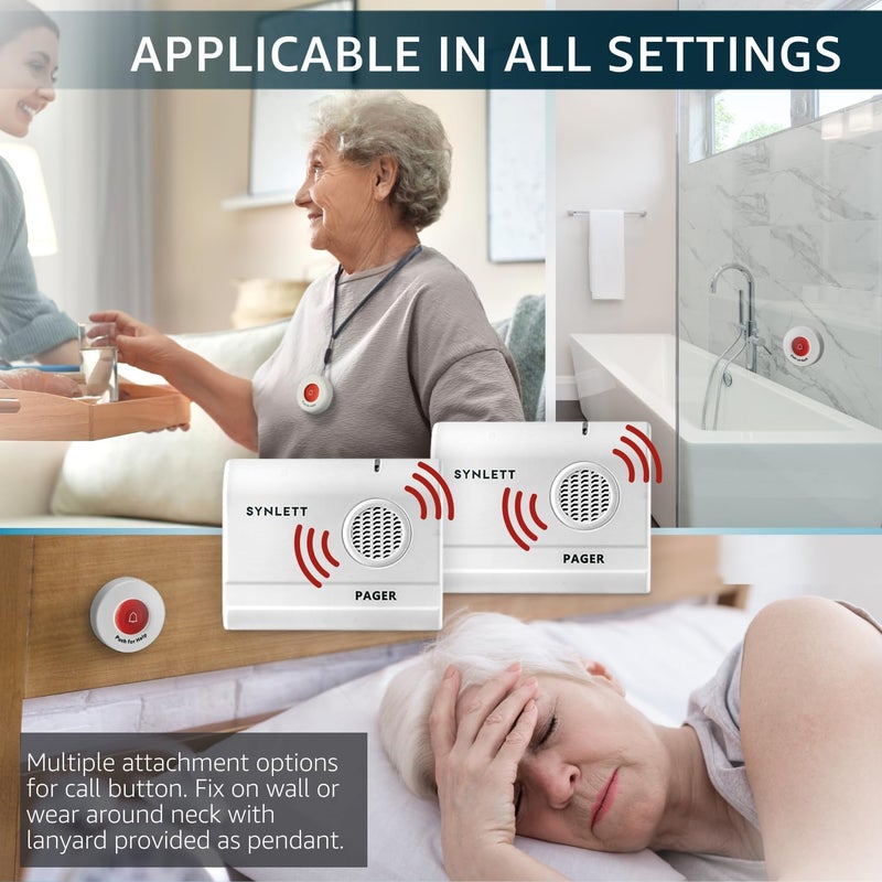 SYNLETT Caregiver Pager Wireless Nurse Call Button for Elderly Home Monitoring Alert System Portable Alarm Bell Seniors Patients Emergency 3 Call Buttons, 2 Pagers - Image 5