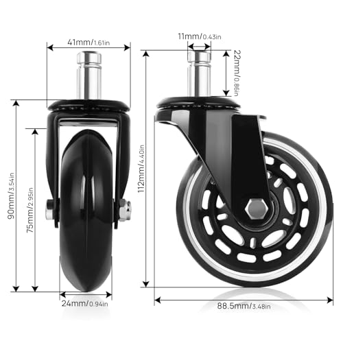 Corvids 3-Inch Universal Fit Single Caster Wheels | 2 -Year Warranty | Replaceable Rollerblade Type Steel PU Rubber, Safe for All Floors (Stem Size 11/22 mm) - Set of 5 - Image 3