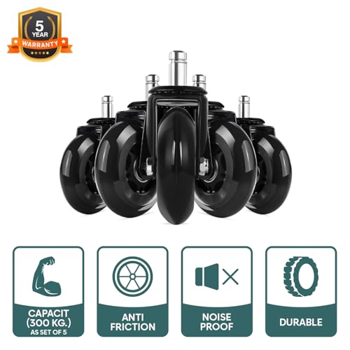 Corvids 3-Inch Universal Fit Single Caster Wheels | 2 -Year Warranty | Replaceable Rollerblade Type Steel PU Rubber, Safe for All Floors (Stem Size 11/22 mm) - Set of 5 - Image 4
