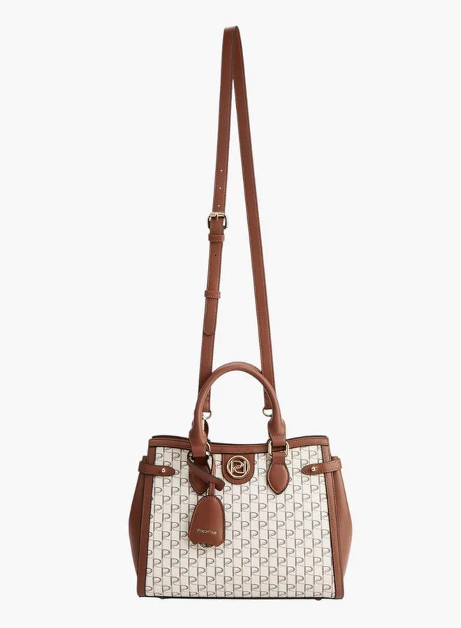 Paprika Monogram Print Tote Bag with Double Handle and Zip Closure