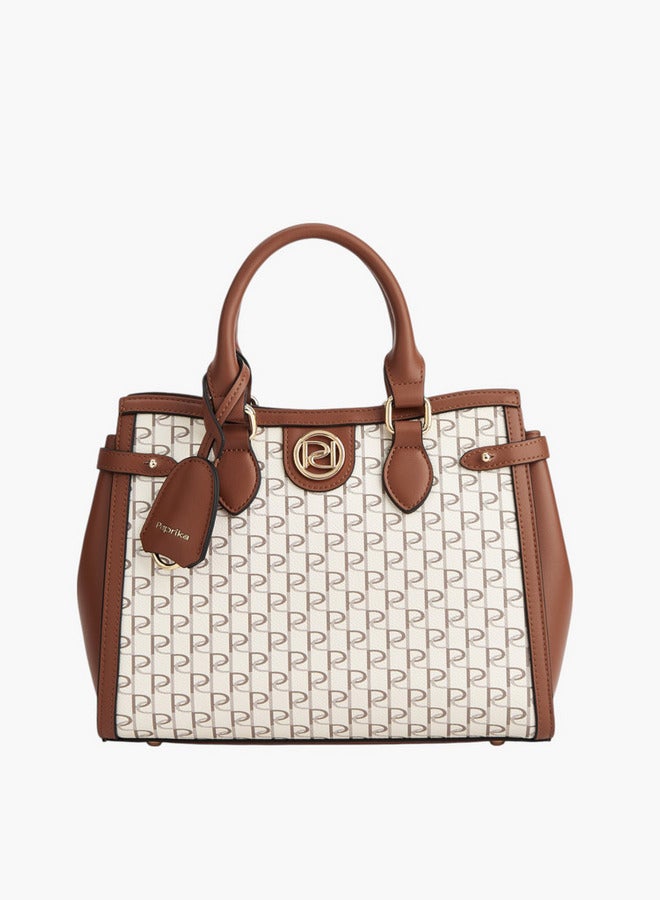 Paprika Monogram Print Tote Bag with Double Handle and Zip Closure  - Image 1
