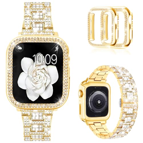 Mosonio Compatible with Apple Watch Band 44mm with Case Women, Bling Metal Wristband Strap with 2 Pack Bling PC Protective Cover for iWatch SE Series 6/5/4(44mm, Gold) - Image 1