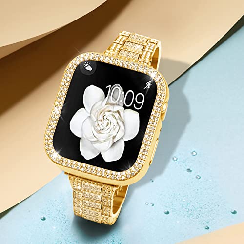 Mosonio Compatible with Apple Watch Band 44mm with Case Women, Bling Metal Wristband Strap with 2 Pack Bling PC Protective Cover for iWatch SE Series 6/5/4(44mm, Gold) - Image 2
