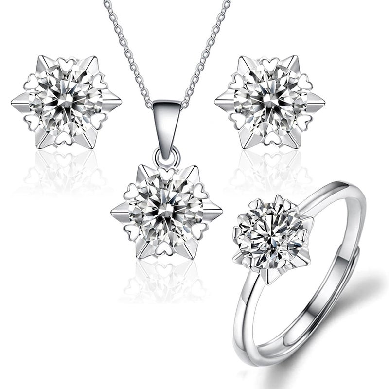 Peora Silver Plated Cubic Zirconia Necklace Pendant Chain Finger Ring & Stud Earrings Fancy Jewellrey Set for Women and Girls. - Image 4