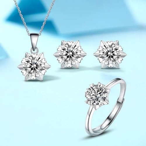 Peora Silver Plated Cubic Zirconia Necklace Pendant Chain Finger Ring & Stud Earrings Fancy Jewellrey Set for Women and Girls. - Image 3