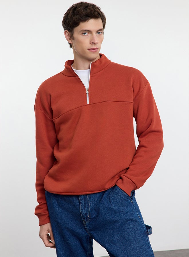 trendyol Brick Oversize/Wide Cut Stand Collar Zippered Polar Fleece/Warm Basic Sweatshirt TMNAW25SW00031 - Image 2