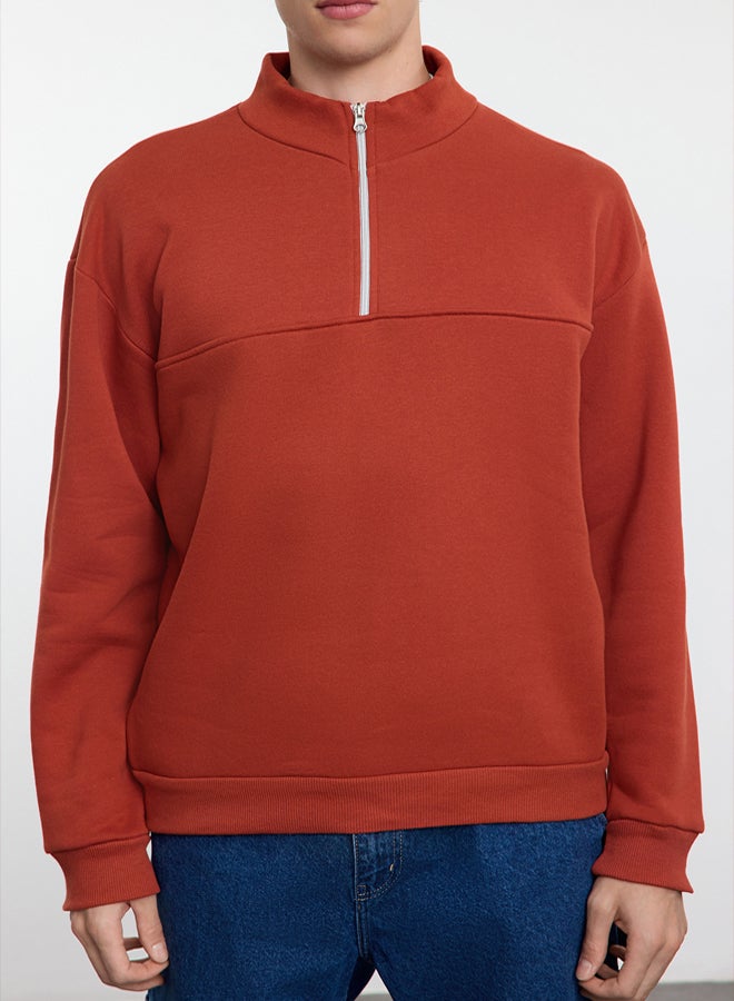 trendyol Brick Oversize/Wide Cut Stand Collar Zippered Polar Fleece/Warm Basic Sweatshirt TMNAW25SW00031 - Image 3