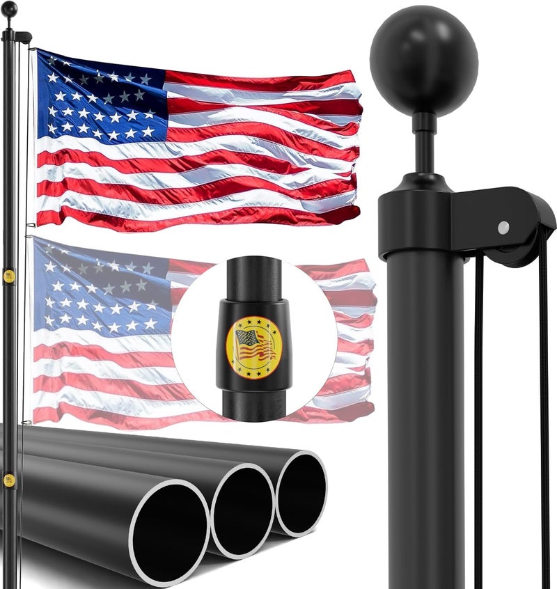 IIOPE 25FT Heavy Duty Flag Pole,14-Gauge Aluminum,Resist Strong Wind Reinforcement Ring Patent,Sectional Black Residential Flagpole Complete Kit - USA Flag,Black Ball, Aluminum Clips - Image 1