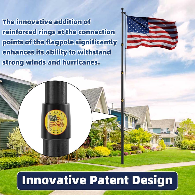 IIOPE 25FT Heavy Duty Flag Pole,14-Gauge Aluminum,Resist Strong Wind Reinforcement Ring Patent,Sectional Black Residential Flagpole Complete Kit - USA Flag,Black Ball, Aluminum Clips - Image 3