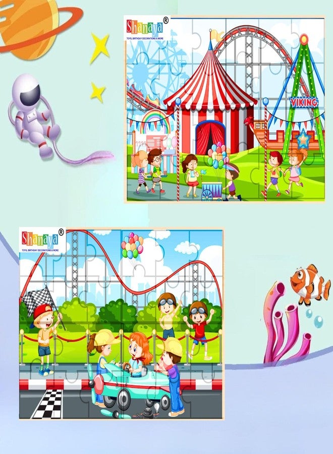 SHANAYA 36 Pieces Wooden Jigsaw Puzzle Kids Cartoon Animal Vehicle Puzzles Games Baby Early Learning Educational Toys for Children 2 Sided Puzzle (Children in Amusement Park + Children in Circus) - Image 1
