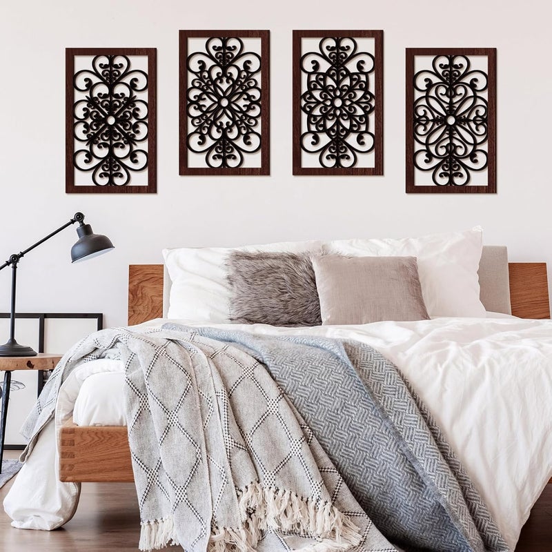 يوليجو 4 قطع ديكور حائط ريفي سميك ديكور حائط مزرعة حديث ديكور فن الحائط تصميم منحوت مجوف خشبي ديكور حائط ريفي لغرفة المعيشة دهليز ديكور مكتب مطبخ حائط (بني غامق، 15.8 × 9.9 بوصة) - Image 3