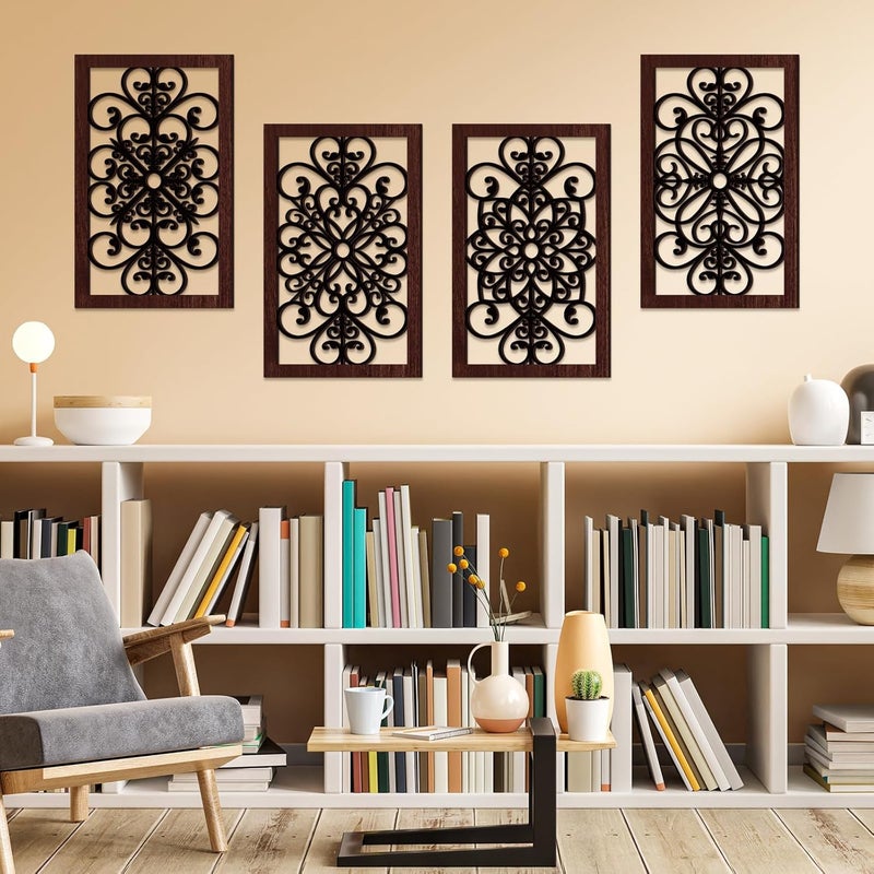 يوليجو 4 قطع ديكور حائط ريفي سميك ديكور حائط مزرعة حديث ديكور فن الحائط تصميم منحوت مجوف خشبي ديكور حائط ريفي لغرفة المعيشة دهليز ديكور مكتب مطبخ حائط (بني غامق، 15.8 × 9.9 بوصة) - Image 5