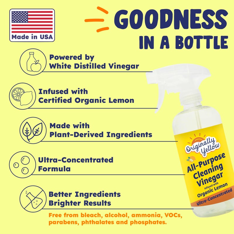 Originally Yellow Lemon Vinegar All Purpose Cleaning Spray | Distilled Cleaning Vinegar | Plant-Derived All Purpose Cleaner | Living Room, Bathroom, & Kitchen | 3 Pack - Image 2