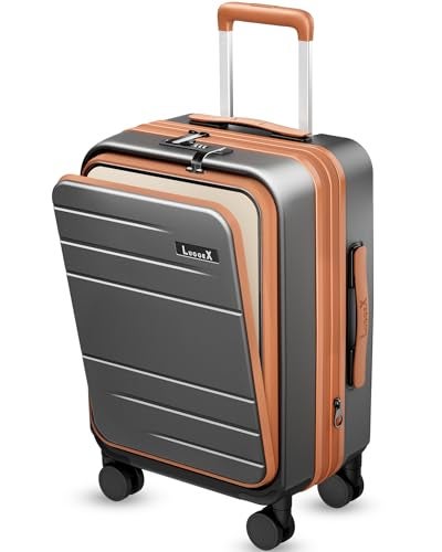 LUGGEX Carry On Luggage 22x14x9 Airline Approved, FLO5 Expandable Polycarbonate Suitcase with Front Pocket (FX-Core, Brown-Black, 20 Inch) - Image 1