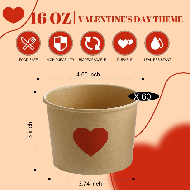 Hsei 60 Pcs 16oz Valentine's Day Disposable Soup Bowls Heart Ice Cream Cups Snack Paper Bowls Dessert Sundae Yogurt Cups Hot Cold Drink for Holiday Party Supplies - Image 3