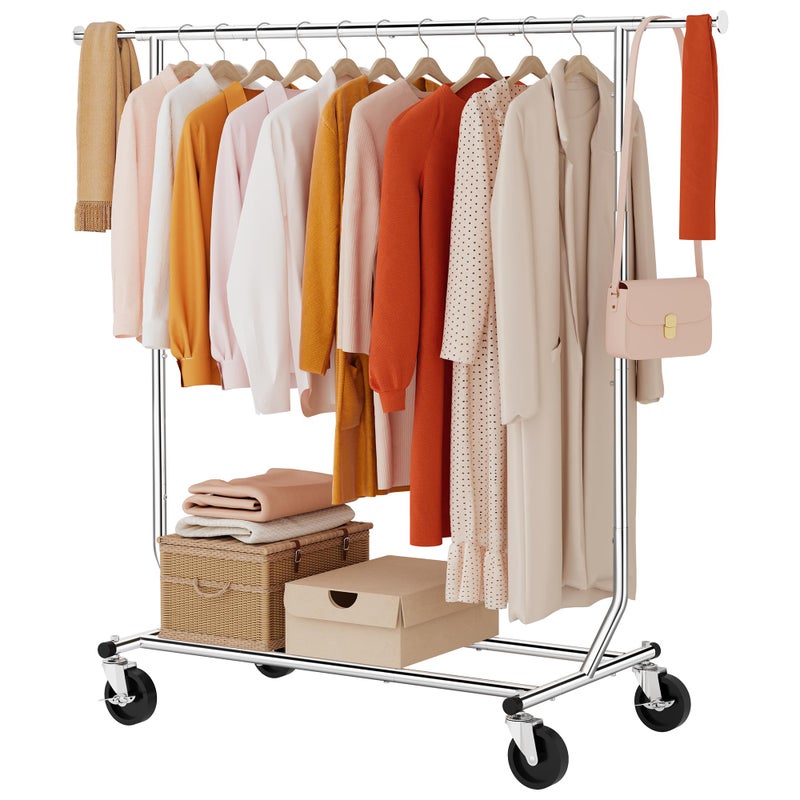 Tajsoon Clothing Rack Heavy Duty Clothes Racks Foldable Garment Rack with Wheels and Extendable Rod, Collapsible Clothing Rack Max Capacity 250lbs, Industrial Rolling Racks with Bottom Shelf, Chrome - Image 1