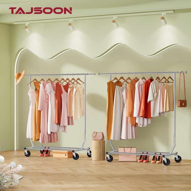 Tajsoon Clothing Rack Heavy Duty Clothes Racks Foldable Garment Rack with Wheels and Extendable Rod, Collapsible Clothing Rack Max Capacity 250lbs, Industrial Rolling Racks with Bottom Shelf, Chrome - Image 5
