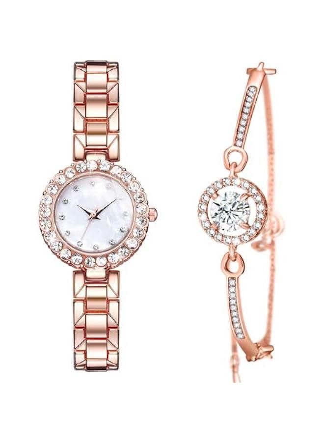 ديسو ساعات يد فاخرة للنساء مع مجموعة اساور 2 ساعة بعقارب تعمل بحركة كوارتز وتتميز بتصميم مرصع بالماس سوار من الستانلس ستيل مرصعة بحجر الراين + مجوهرات واسع مفتوح بمينا أبيض - Image 1