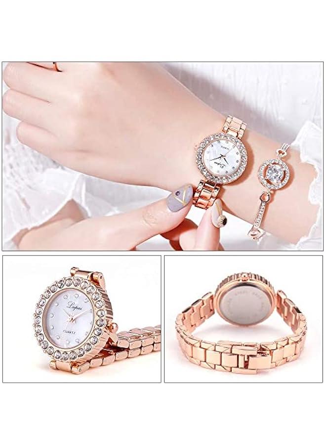 ديسو ساعات يد فاخرة للنساء مع مجموعة اساور 2 ساعة بعقارب تعمل بحركة كوارتز وتتميز بتصميم مرصع بالماس سوار من الستانلس ستيل مرصعة بحجر الراين + مجوهرات واسع مفتوح بمينا أبيض - Image 2