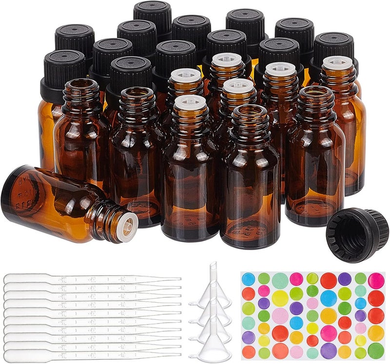 BENECREAT BENECREAT 24 Pack 15ml Brown Glass Essential Oil Bottles Refillable Container Kits with Plastic Droppers, Funnel Hoppers and Sticker for Aromatherapy Fragrance Cosmetic Oil 