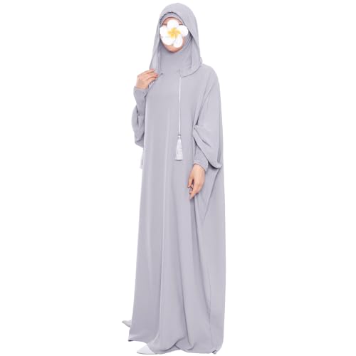 khalat Muslim Prayer Dress Abaya Solid One-Piece Hoodie Abaya Dress for Women Long Maxi Dress Islamic Dubai Jilbab Light Gray - Image 1