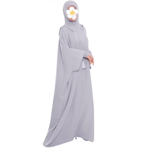 khalat Muslim Prayer Dress Abaya Solid One-Piece Hoodie Abaya Dress for Women Long Maxi Dress Islamic Dubai Jilbab Light Gray - Image 3