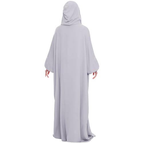 khalat Muslim Prayer Dress Abaya Solid One-Piece Hoodie Abaya Dress for Women Long Maxi Dress Islamic Dubai Jilbab Light Gray - Image 5