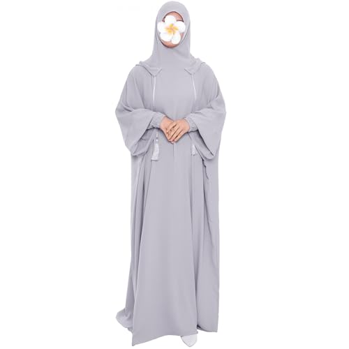 khalat Muslim Prayer Dress Abaya Solid One-Piece Hoodie Abaya Dress for Women Long Maxi Dress Islamic Dubai Jilbab Light Gray - Image 4