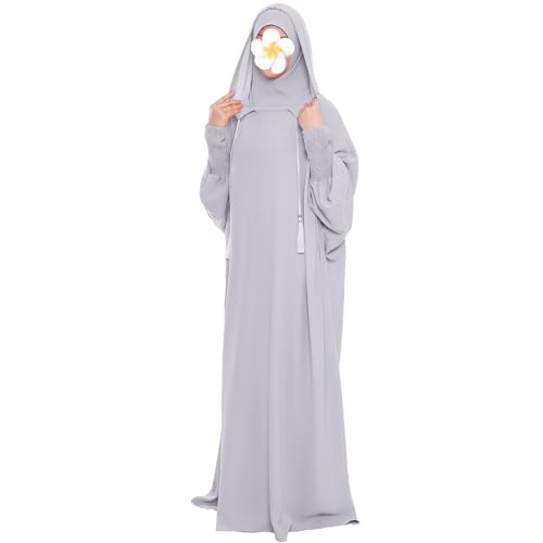 khalat Muslim Prayer Dress Abaya Solid One-Piece Hoodie Abaya Dress for Women Long Maxi Dress Islamic Dubai Jilbab Light Gray - Image 2