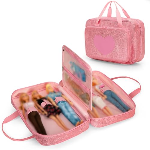 LoDrid Doll Carrying Case Compatible with Barbie Dolls 12Inch Storage Organizer with Handle Holds up to 6 Dolls Multiple Pockets for Accessories Pink Bag Only - Image 1