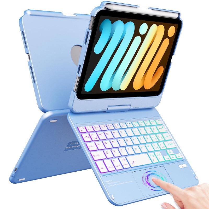 FUWANG Keyboard Case for iPad mini 7 A17 Pro 2024 iPad mini 6th Generation 2021 83inch 360 Swivel MultiTouch Trackpad 7Color Backlit Keyboard Cover with Pencil Holder Blue - Image 2