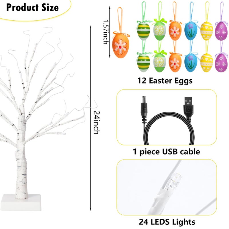 ZYP 24" Easter Lighted Birch Tree with 12pcs Ornaments,Warm White LEDs Birch Tree Light Tabletop Artificial Tree 8 Lighting Modes USB or Batteries Operated with Timer for Easter Decor - Image 2