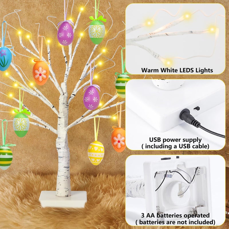 ZYP 24" Easter Lighted Birch Tree with 12pcs Ornaments,Warm White LEDs Birch Tree Light Tabletop Artificial Tree 8 Lighting Modes USB or Batteries Operated with Timer for Easter Decor - Image 3