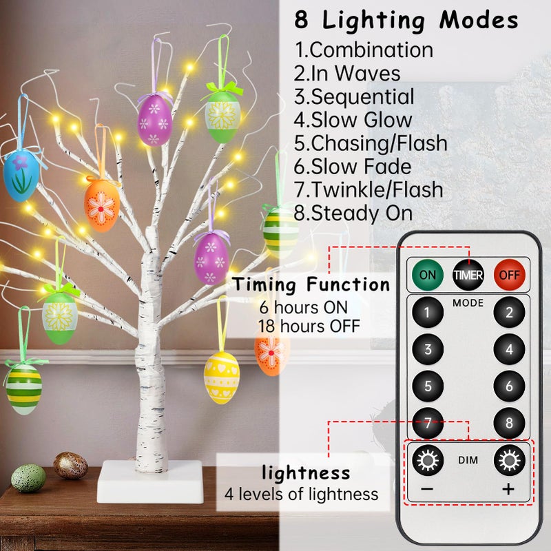 ZYP 24" Easter Lighted Birch Tree with 12pcs Ornaments,Warm White LEDs Birch Tree Light Tabletop Artificial Tree 8 Lighting Modes USB or Batteries Operated with Timer for Easter Decor - Image 5