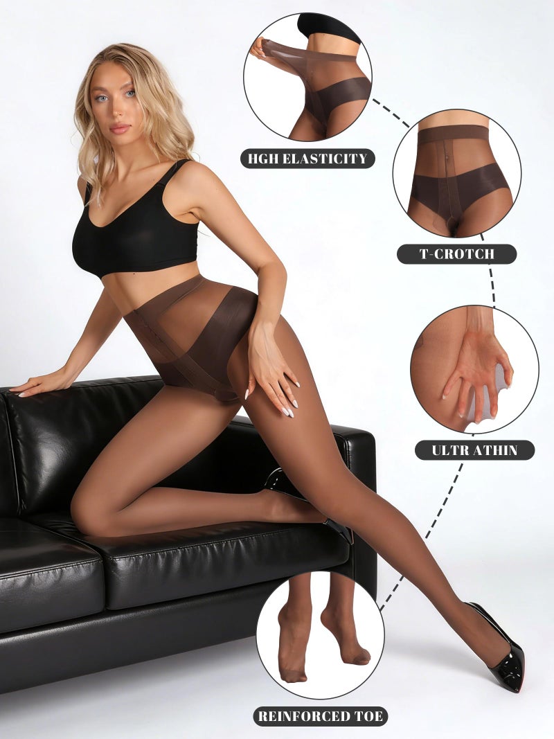 HONENNA Sheer Brown Tights for Women 2 Pairs Ultra Thin Reinforced T Crotch Control Top Pantyhose Stockings valentines day outfits for women - Image 2