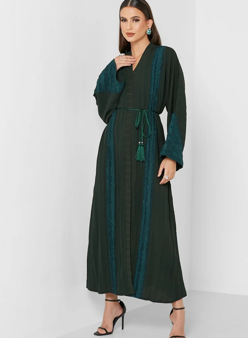 NUKHBAA Lace Trim Tie Detail Abaya