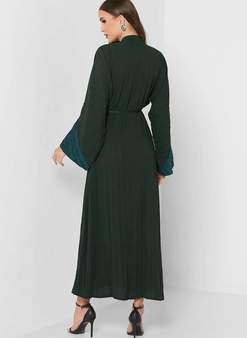 NUKHBAA Lace Trim Tie Detail Abaya