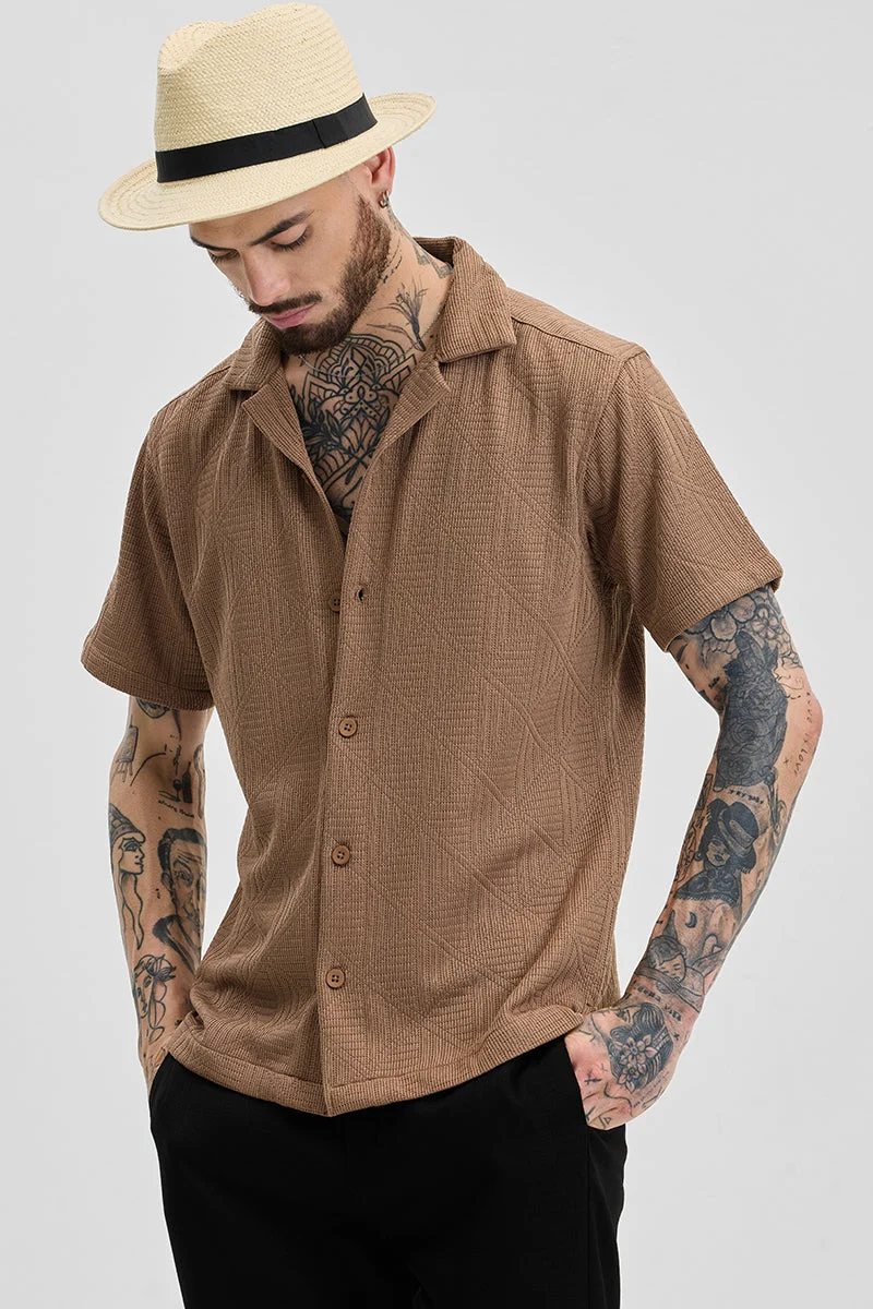 SNITCH Light Brown Textured Half Sleeve Boxy Casual Shirt