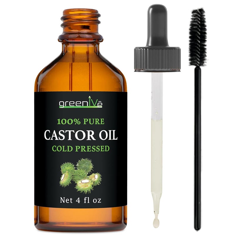 GreenIVe Castor Oil Organically Grown 100 Pure 4 fl oz Bottle Cold Pressed Hexane Free Eyelash and Eyebrow Growth Serum Skin Moisturizer Detox and Wraps