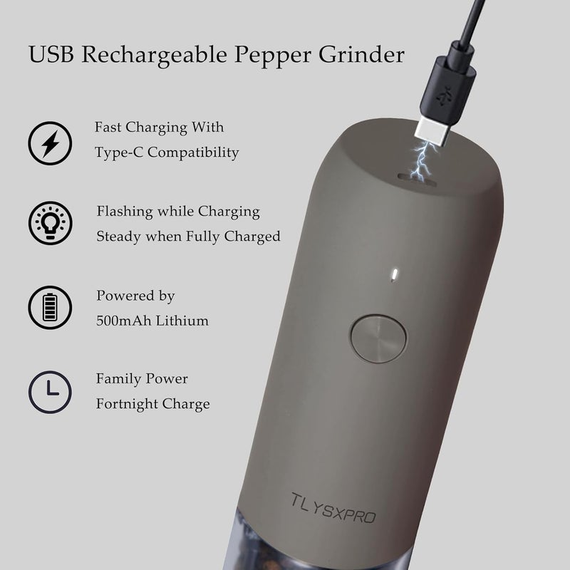 TLYSXPRO Electric Salt and Pepper Grinder Set, USB Rechargeable, Automatic Salt and Pepper Mill Grinder with Adjustable Coarseness, Electric Salt Shakers, LED Light, Refillable (2 Packs, Greige&Buttercream) - Image 5