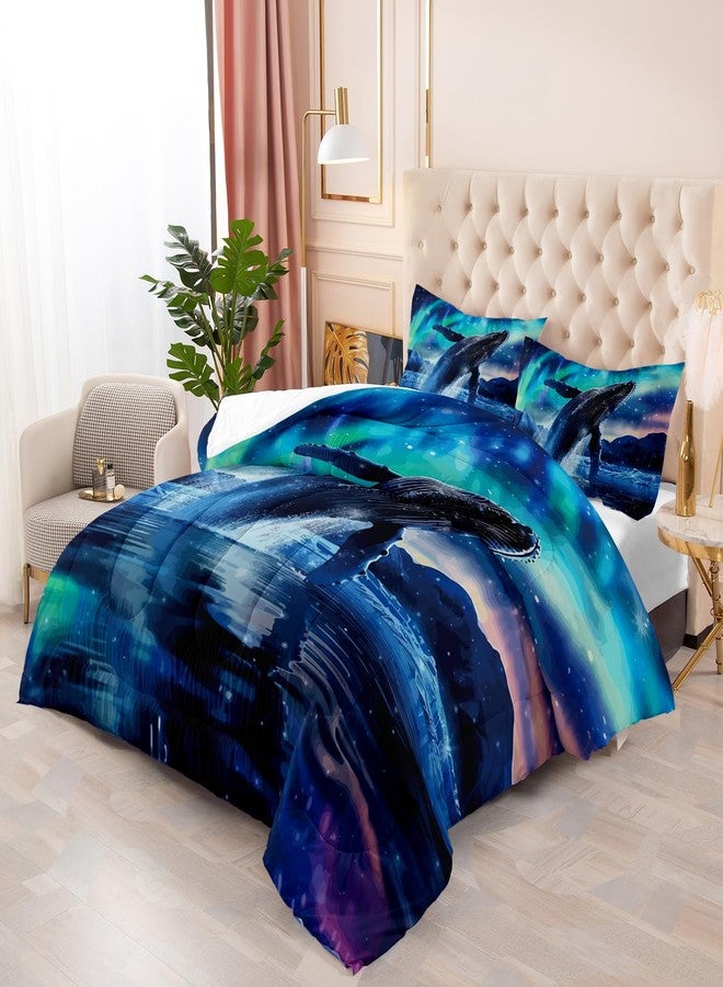 Suncloris Blue Whale Comforter Set, Fantasy Starry Sky Galaxy Couple Whale Bedding Bedspread for Kids and Adults, Ocean Nautical Sea Animal Pattern Quilt Bedroom Decor with 2 Pillow Cases (JumpingWhale, Queen) - Image 2