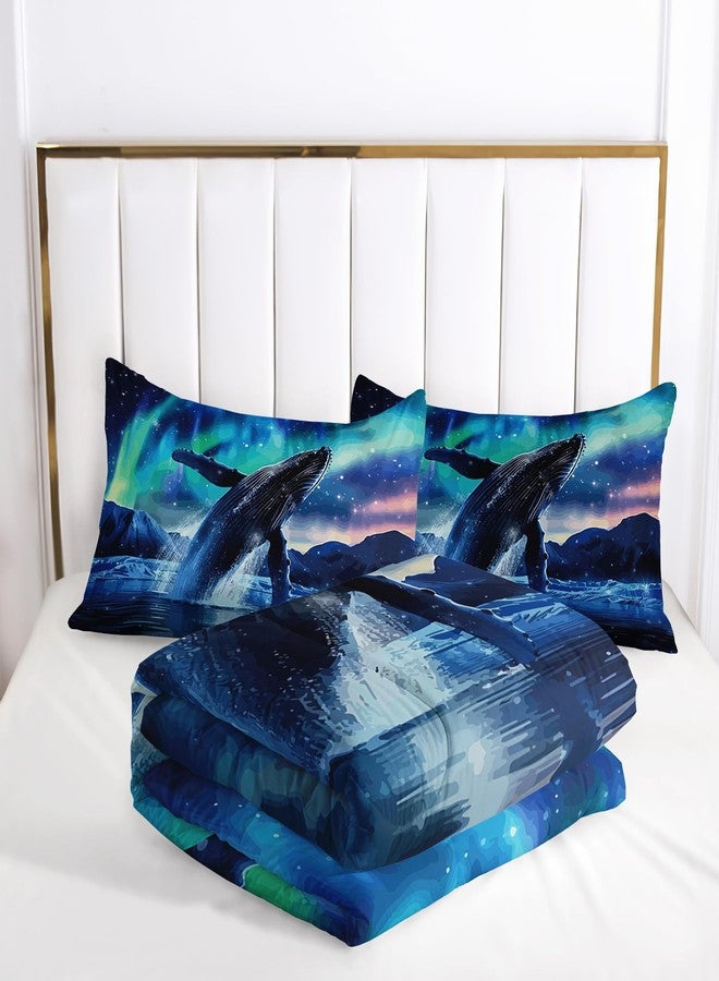 Suncloris Blue Whale Comforter Set, Fantasy Starry Sky Galaxy Couple Whale Bedding Bedspread for Kids and Adults, Ocean Nautical Sea Animal Pattern Quilt Bedroom Decor with 2 Pillow Cases (JumpingWhale, Queen) - Image 4